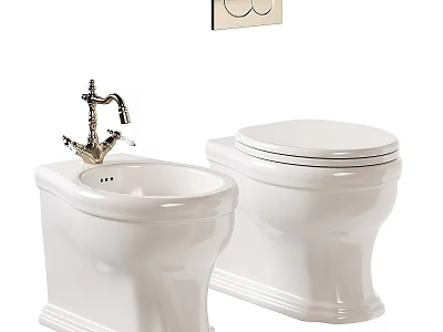 Classic White Toilet And Bidet With Traditional Faucet And Flush Panel 3d model