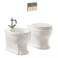 Classic White Toilet And Bidet With Traditional Faucet And Flush Panel