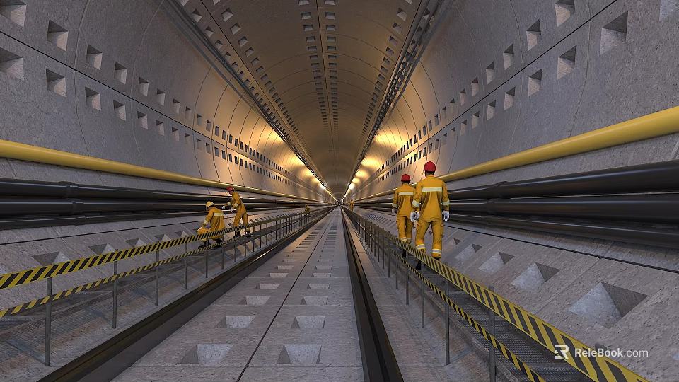 Industrial Equipment in Tunnel Maintenance with Workers in Yellow Uniforms and Red Helmets on Tracks 3d model 