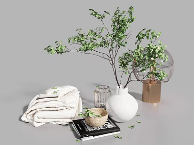 Stylish Decorative Ornament Set with Green Foliage White Vase Glass Decor Book and Metallic Base 3d model