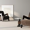 Modern Leisure Sofa Set Brown Chairs Small Round Table Fruit On White Wall Grid Painting