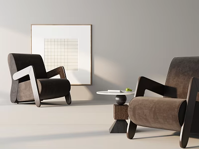 Modern Leisure Sofa Set Brown Chairs Small Round Table Fruit On White Wall Grid Painting 3d model