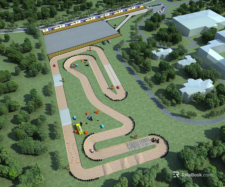 Road Infrastructure Layout Featuring Curved Roads Greenery Vehicles And Surrounding Buildings 3d model