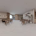 White Building Exterior Café Featuring Wooden Door Canopy Window Interior Tables And Green Plants