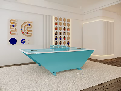 Indoor Sports Equipment with Blue Table Tennis Table and Wall Mounted Colorful Ball Racks 3d model