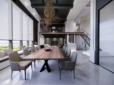 Spacious Modern Conference Room Interior With Long Wooden Table Grey Chairs And Large Windows 3d model