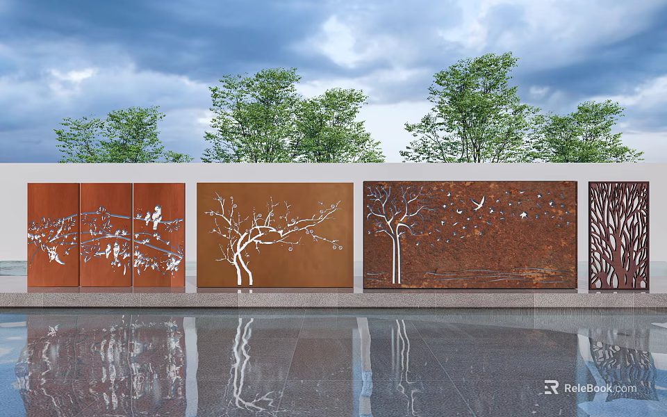 Outdoor Decorative Feature Wall With Laser Cut Tree Patterns Copper Finish And Ground Reflection 3d model