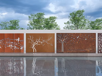 Outdoor Decorative Feature Wall With Laser Cut Tree Patterns Copper Finish And Ground Reflection 3d model