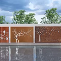 Outdoor Decorative Feature Wall With Laser Cut Tree Patterns Copper Finish And Ground Reflection 3d model