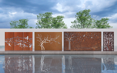 Modern Landscape Wall Rust Board Landscape Wall Perforated Plate Rust Board Background Wall Hollow Rust Board Steel Plate Landscape Wall Art Landscape Wall 3d model