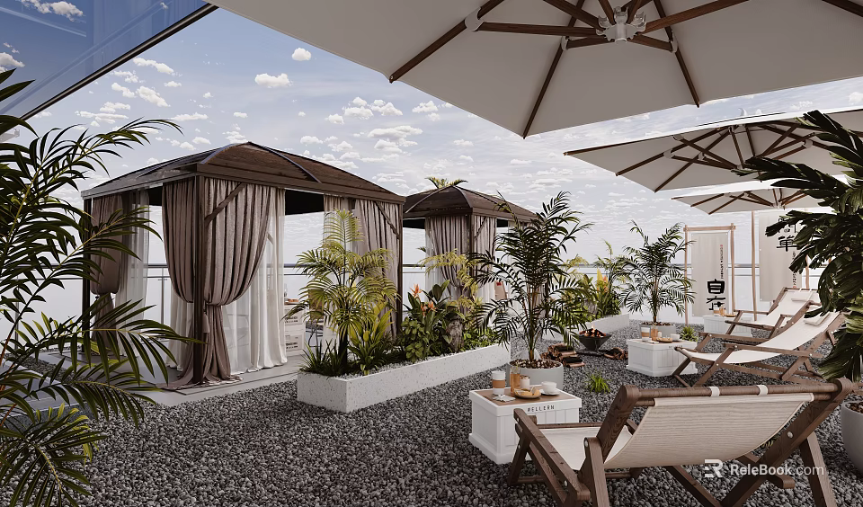 Rooftop Garden Landscape Design With Wooden Pavilions Canopies Lounge Chairs And Tropical Plants 3d model 