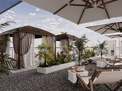 Rooftop Garden Landscape Design With Wooden Pavilions Canopies Lounge Chairs And Tropical Plants 3d model