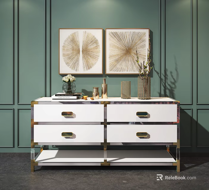Modern Elegant White Entryway Console Cabinet With Gold Handles Decorative Items And Green Wall Art 3d model 