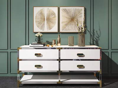 Modern Elegant White Entryway Console Cabinet With Gold Handles Decorative Items And Green Wall Art 3d model