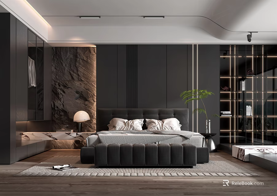 Modern Bedroom Interior With Black Bed Stone Accent Wall And Green Plant 3d model 