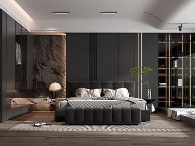 Modern Bedroom Interior With Black Bed Stone Accent Wall And Green Plant 3d model