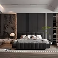 Modern Bedroom Interior With Black Bed Stone Accent Wall And Green Plant
