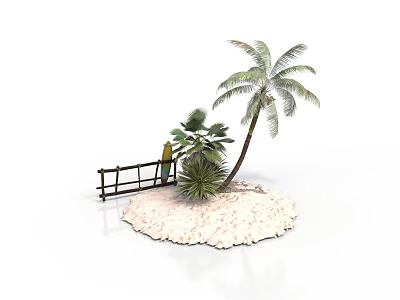 Tropical Island Scene With Sandy Beach Palm Tree Wooden Fence And Bottle 3d model