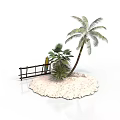 Tropical Island Scene With Sandy Beach Palm Tree Wooden Fence And Bottle