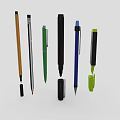 Assorted Colorful Writing Pens Including Yellow Highlighter Blue Fountain Pen and Orange Pencil