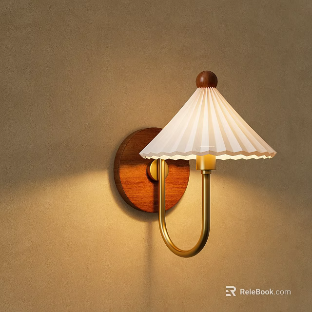 Stylish Wall Lamp With Wooden Base Gold Bracket And White Pleated Shade On Beige Wall 3d model 