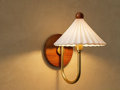 Stylish Wall Lamp With Wooden Base Gold Bracket And White Pleated Shade On Beige Wall 3d model