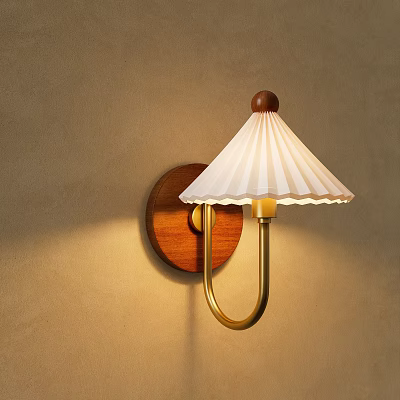 Stylish Wall Lamp With Wooden Base Gold Bracket And White Pleated Shade On Beige Wall 3d model