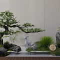 Tranquil Zen Garden Courtyard With Pine Tree White Deer Statue Rocks And Grass 3d model