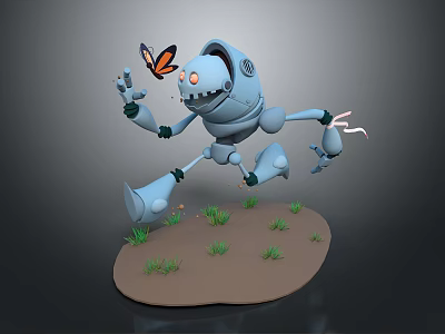 Blue Robot Interacting With Butterfly And Rabbit On Grassy Dirt Ground 3d model