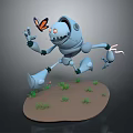 Blue Robot Interacting With Butterfly And Rabbit On Grassy Dirt Ground