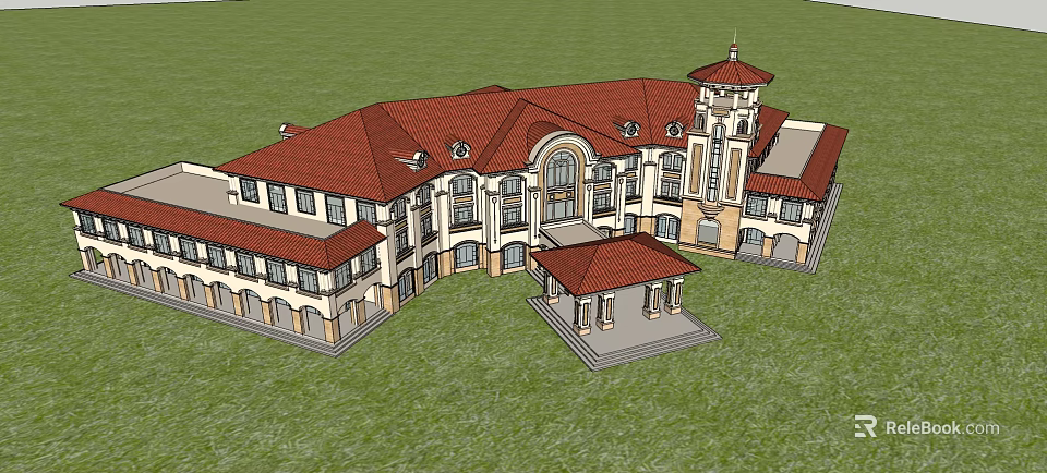 European Style Architecture with Red Roof Tower and Arched Windows on Green Lawn Surroundings 3d model 