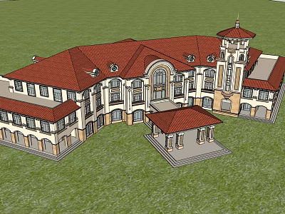 European Style Architecture with Red Roof Tower and Arched Windows on Green Lawn Surroundings 3d model