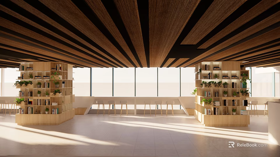 Book Art Inspired Library Interior With Wooden Ceiling Beams Bookshelves And Natural Light 3d model 