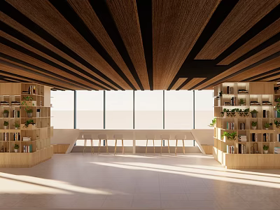 Book Art Inspired Library Interior With Wooden Ceiling Beams Bookshelves And Natural Light 3d model