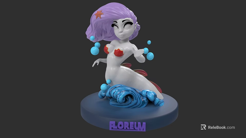 Cartoon Game Movie Character With Purple Hair Red Star And Blue Bubbles On Wave Base 3d model 
