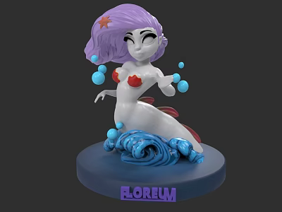 Cartoon Game Movie Character With Purple Hair Red Star And Blue Bubbles On Wave Base 3d model