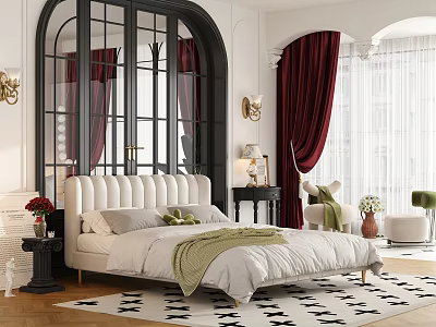 Elegant Bedroom Interior With White Upholstered Bed Red Curtains Arched Windows And Patterned Rug 3d model