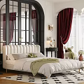 Elegant Bedroom Interior With White Upholstered Bed Red Curtains Arched Windows And Patterned Rug