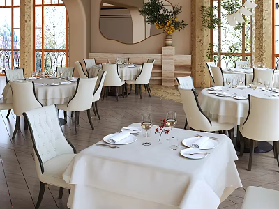 Elegant Restaurant Interior Featuring White Tablecloths Tableware Wine Glasses And Large Windows 3d model