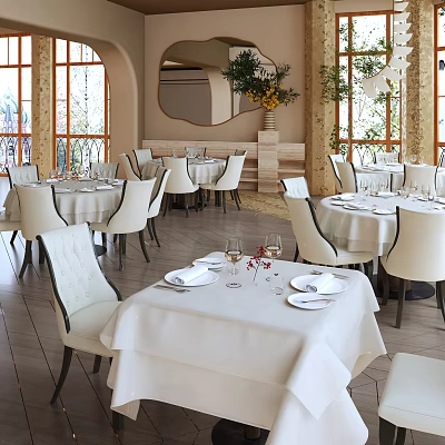 Elegant Restaurant Interior Featuring White Tablecloths Tableware Wine Glasses And Large Windows 3d model