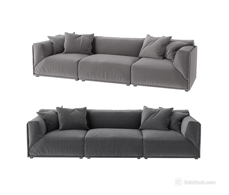 Gray Upholstered Three Seater Sofa With Modern Design And Plush Cushions 3d model 