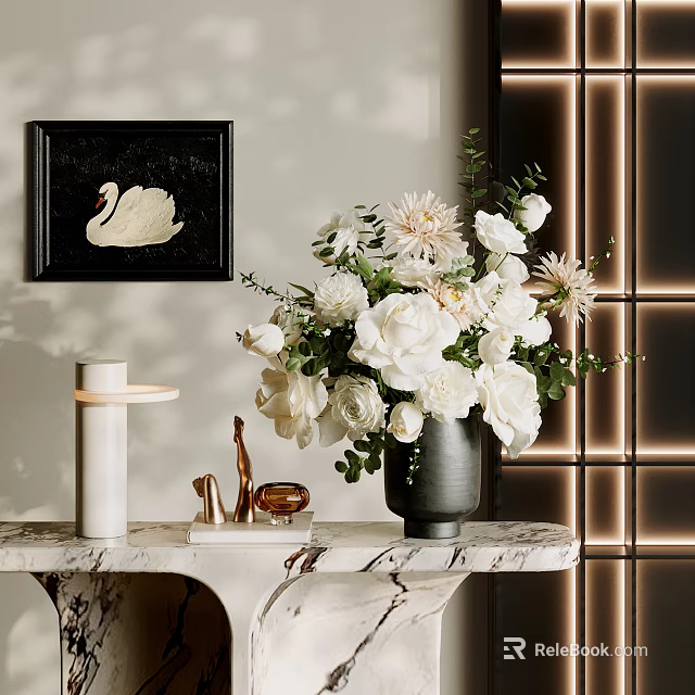 Decorative Ornament Set With Black Swan Wall Art White Flower Vase On Marble Countertop 3d model 