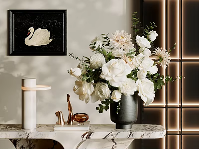 Decorative Ornament Set With Black Swan Wall Art White Flower Vase On Marble Countertop 3d model