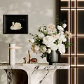 Decorative Ornament Set With Black Swan Wall Art White Flower Vase On Marble Countertop