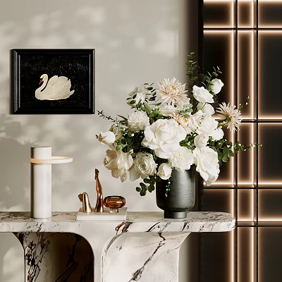 Decorative Ornament Set With Black Swan Wall Art White Flower Vase On Marble Countertop 3d model