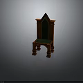 Antique Gothic Style Wooden Chair With Green Upholstered Back And Seat