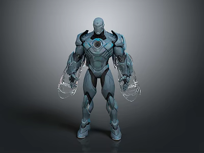 Futuristic Blue Armored Character With Glowing Chest Core And Transparent Mechanical Arms 3d model