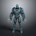 Futuristic Blue Armored Character With Glowing Chest Core And Transparent Mechanical Arms