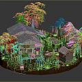 Cartoon Scene Featuring Wooden Huts Palm Trees Swampy Area Small Signs And Surrounding Plants