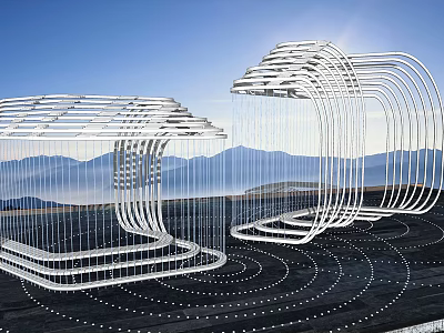 Modern Landscape Sculpture With Metal Curved Design And Mountain Background Circular Ground Decoration 3d model